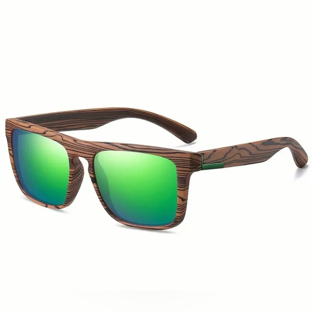 Green Mirrored Sunglasses with Wood Grain Frame and Case NWOT - Picture 1 of 2